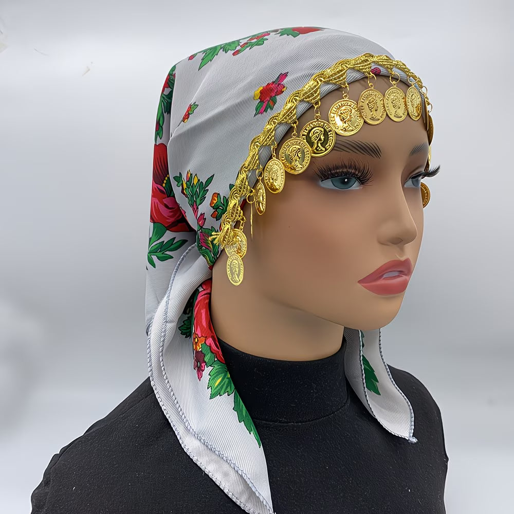 LuxeChain™ Ethnic Print Headscarf | Golden Chain Triangle Headwrap for Women