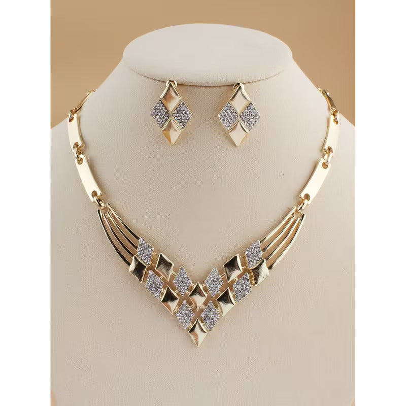 RoyalLuxe™ Bridal Jewelry Set | Elegant Gold & Silver-Tone Necklace and Earrings Set for Women