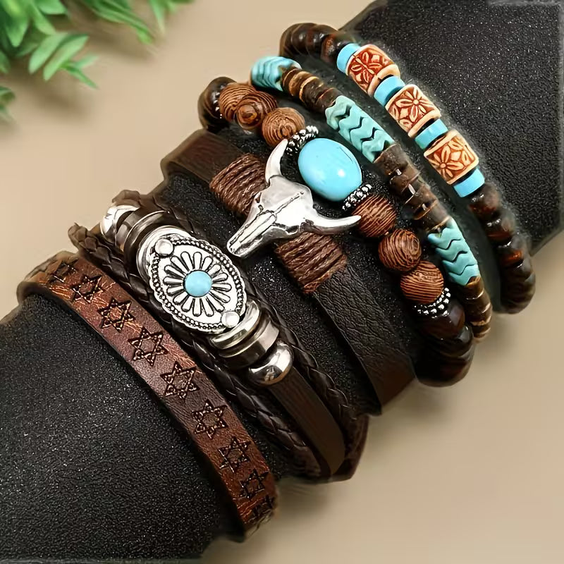 6-Piece Men's Western Bracelet Set | Bull Skull, Wings & Wooden Bead Vintage Boho Bracelets