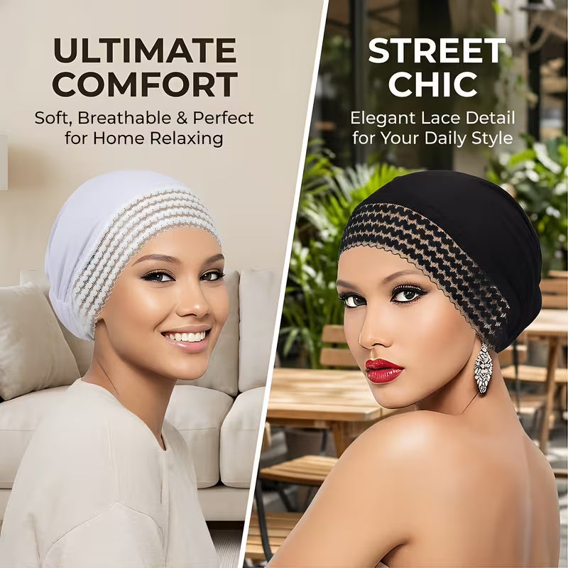 LaceLuxe™ Solid Color Turban | Fashionable Lace Trim Everyday Cap for Women