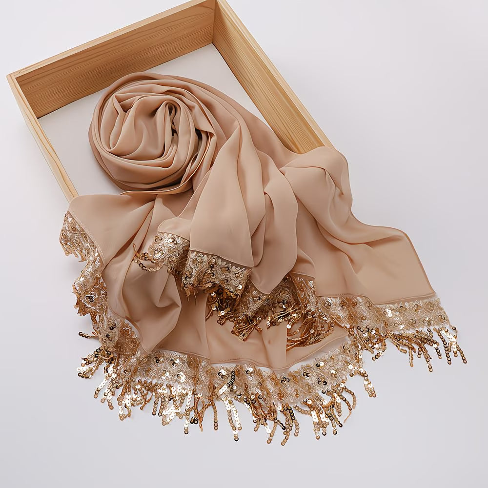 LuxeTassel™ Sequin Lace Hijab | Extended Size Tassel Headscarf for Women