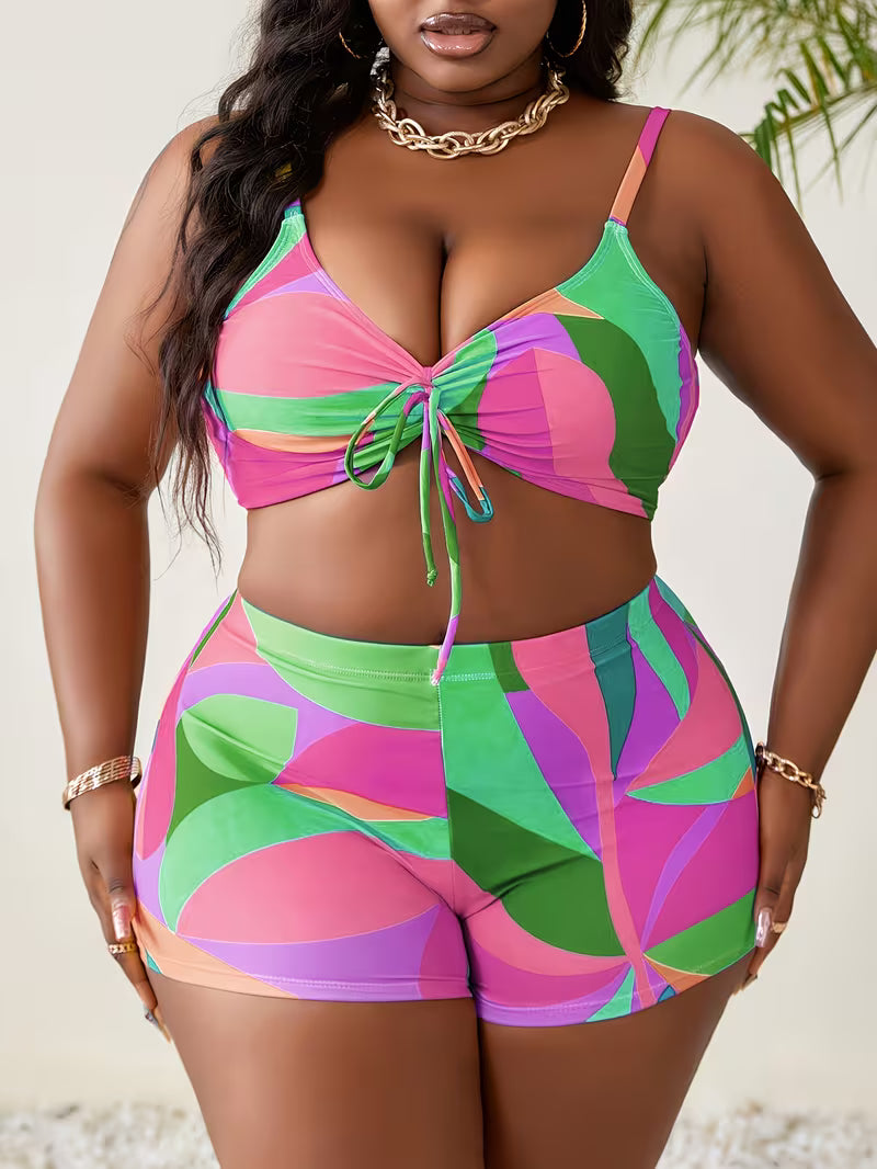 Women's Plus Size 3-Piece Bikini Set | Color Block High-Waist Swimsuit with Mesh Cover-Up