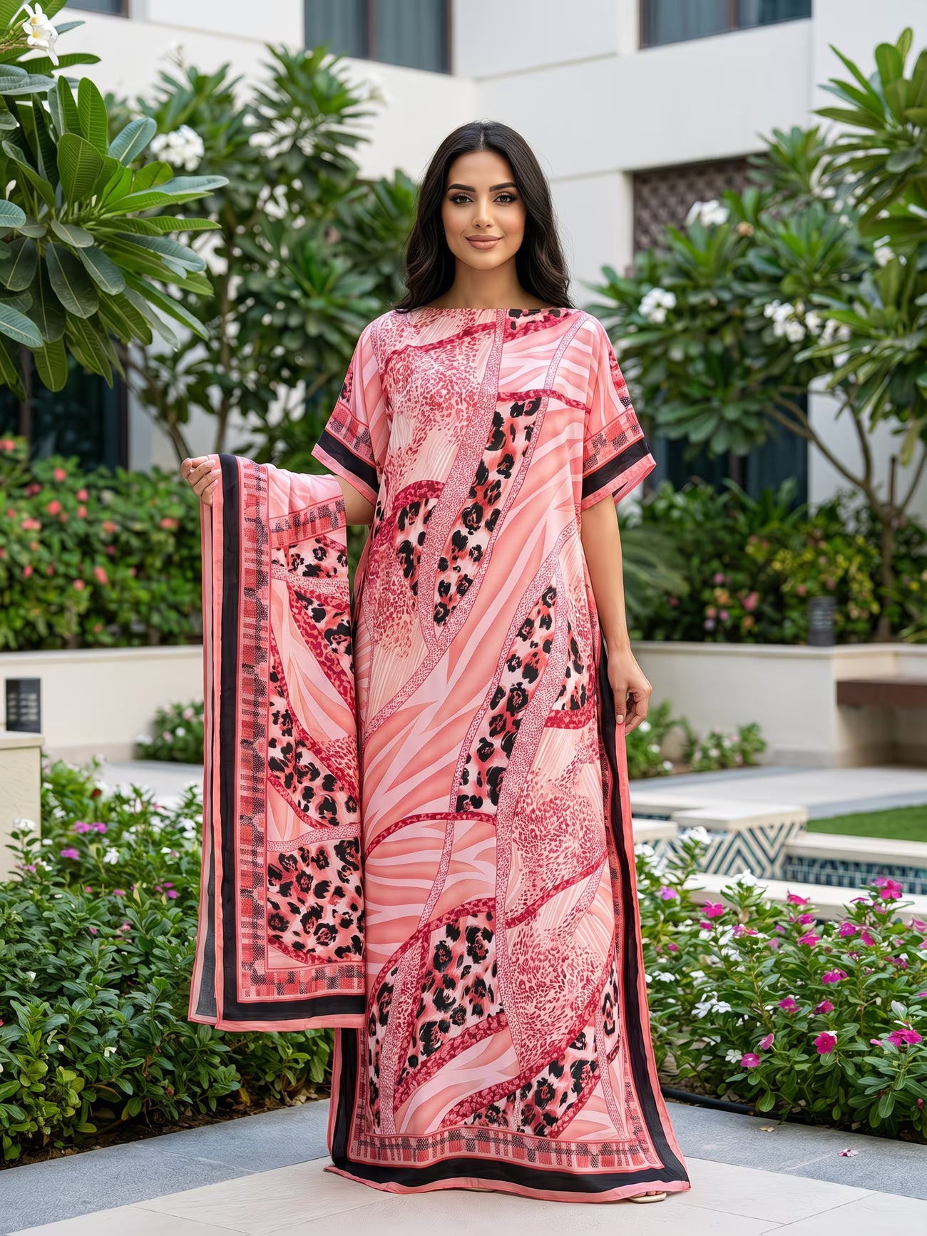 Elegant Plus Size Kaftan Abaya Set with Scarf | Artistic Print Modest Dress for Everyday Modern Style