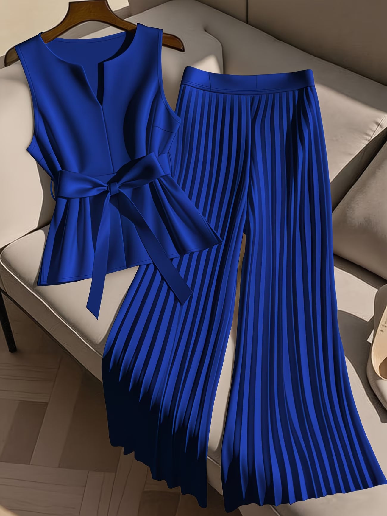 CurveElegance™ Plus Size 2-Piece Pant Set | Sleeveless Bow Top & High-Waist Chiffon Wide-Leg Pants for Women