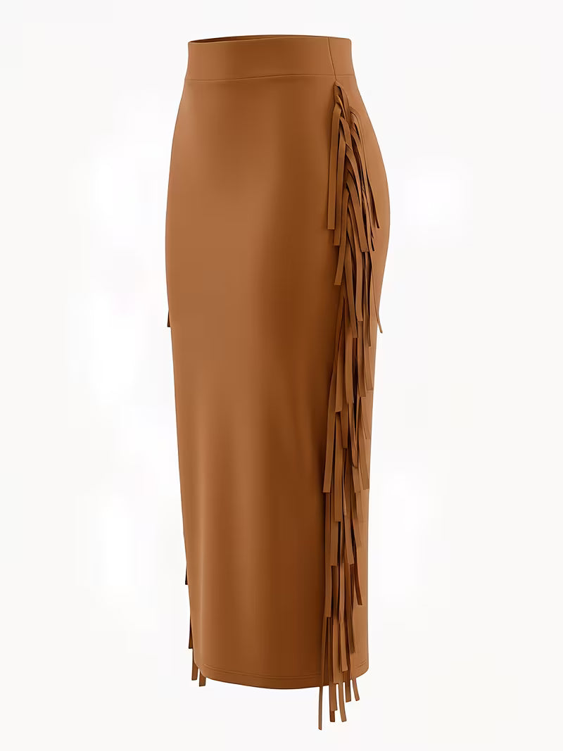 Women's High Waist Fringe Midi Skirt | Elegant Tassel Western Boho Fashion Skirt