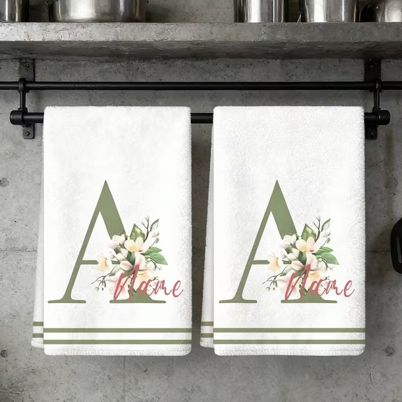 Personalized Monogram Kitchen Towels | Custom Initials & Text | Floral & Bird Design Microfiber Dish Towels | Housewarming Gift