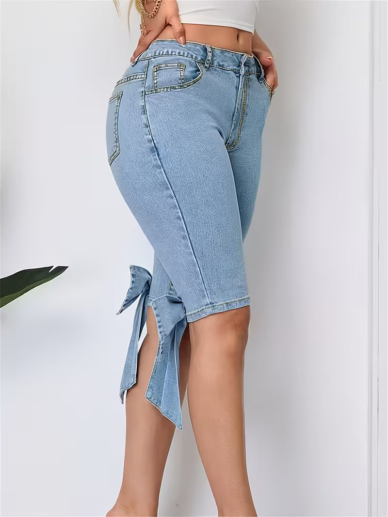 Women's Light Blue Denim Bermuda Shorts | High Waist Stretch Jean Shorts with Bow Cuff Detail