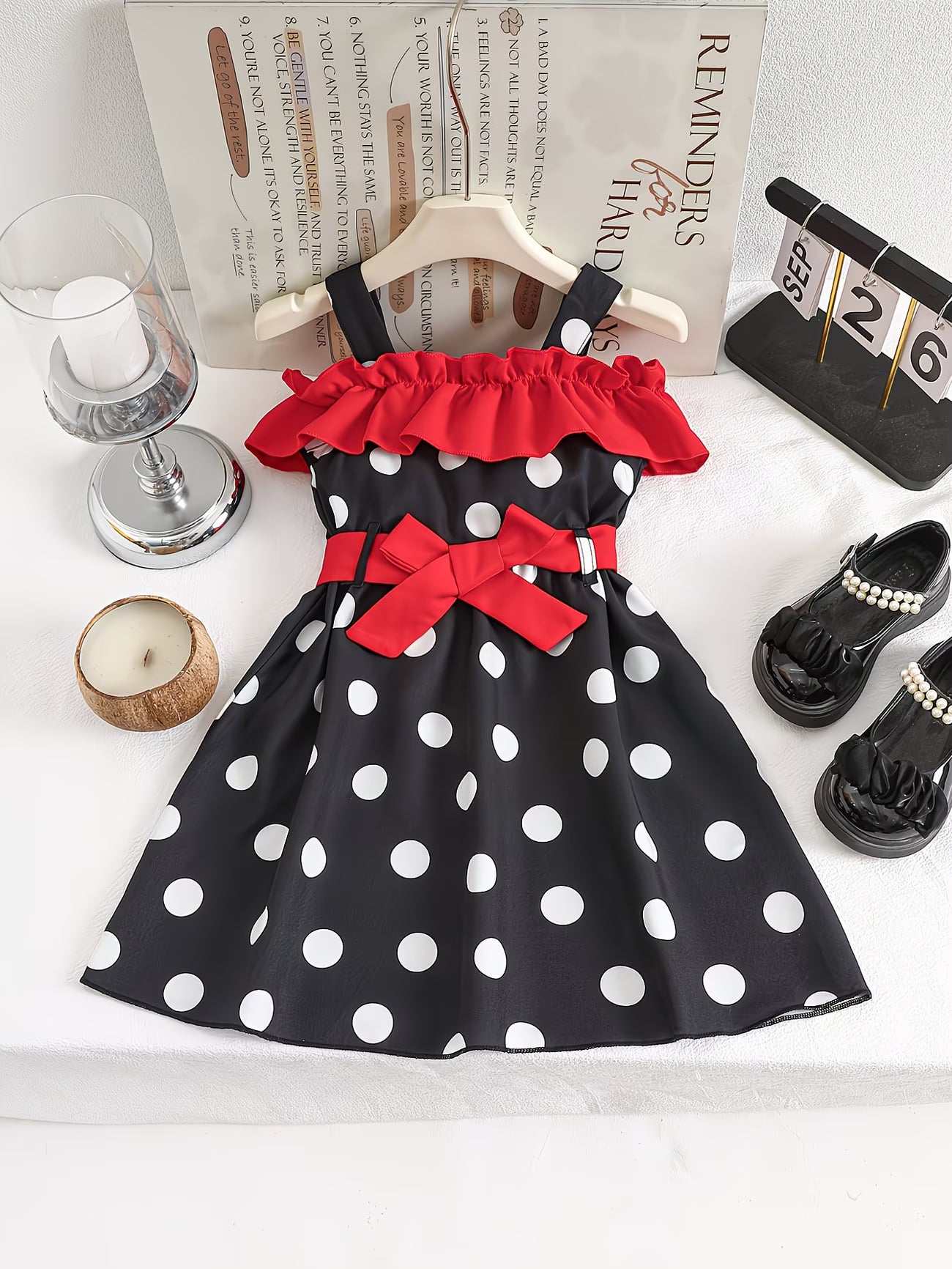 VintageCharm™ Girls Polka Dot Off-Shoulder Dress | Ruffle Suspender Dress with Belt