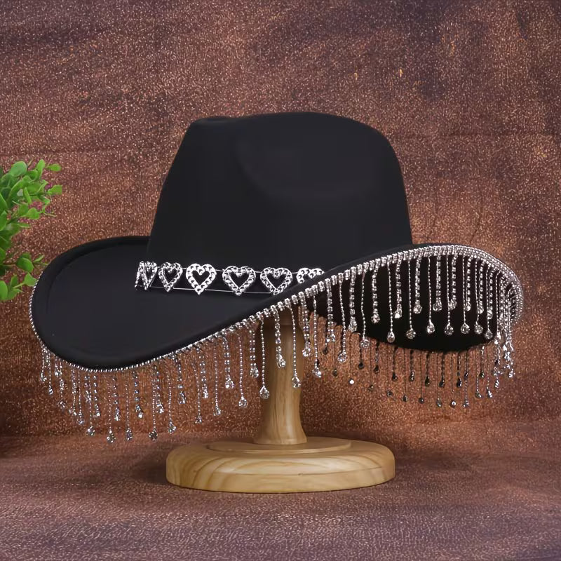 Women's Rhinestone Denim Cowboy Hat | Sparkling Tassel Western Hat with Water Drop Crystal Design