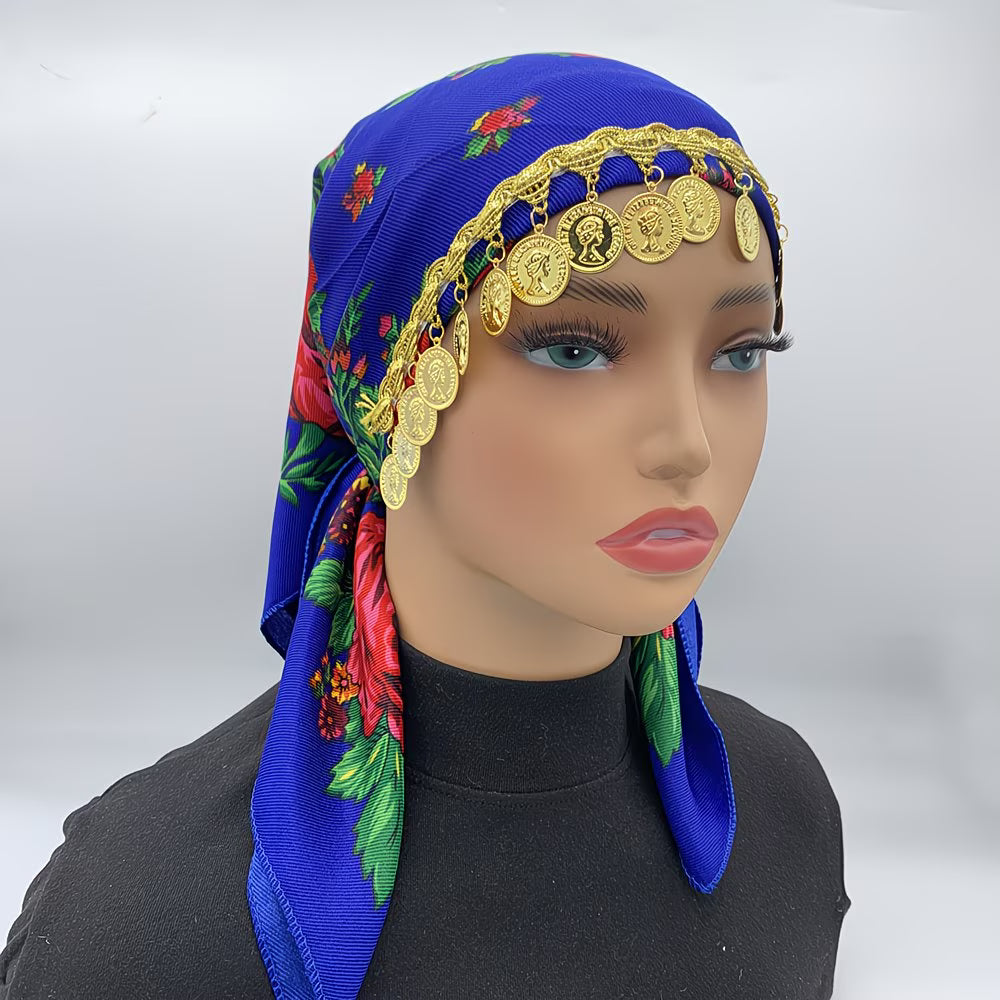 LuxeChain™ Ethnic Print Headscarf | Golden Chain Triangle Headwrap for Women