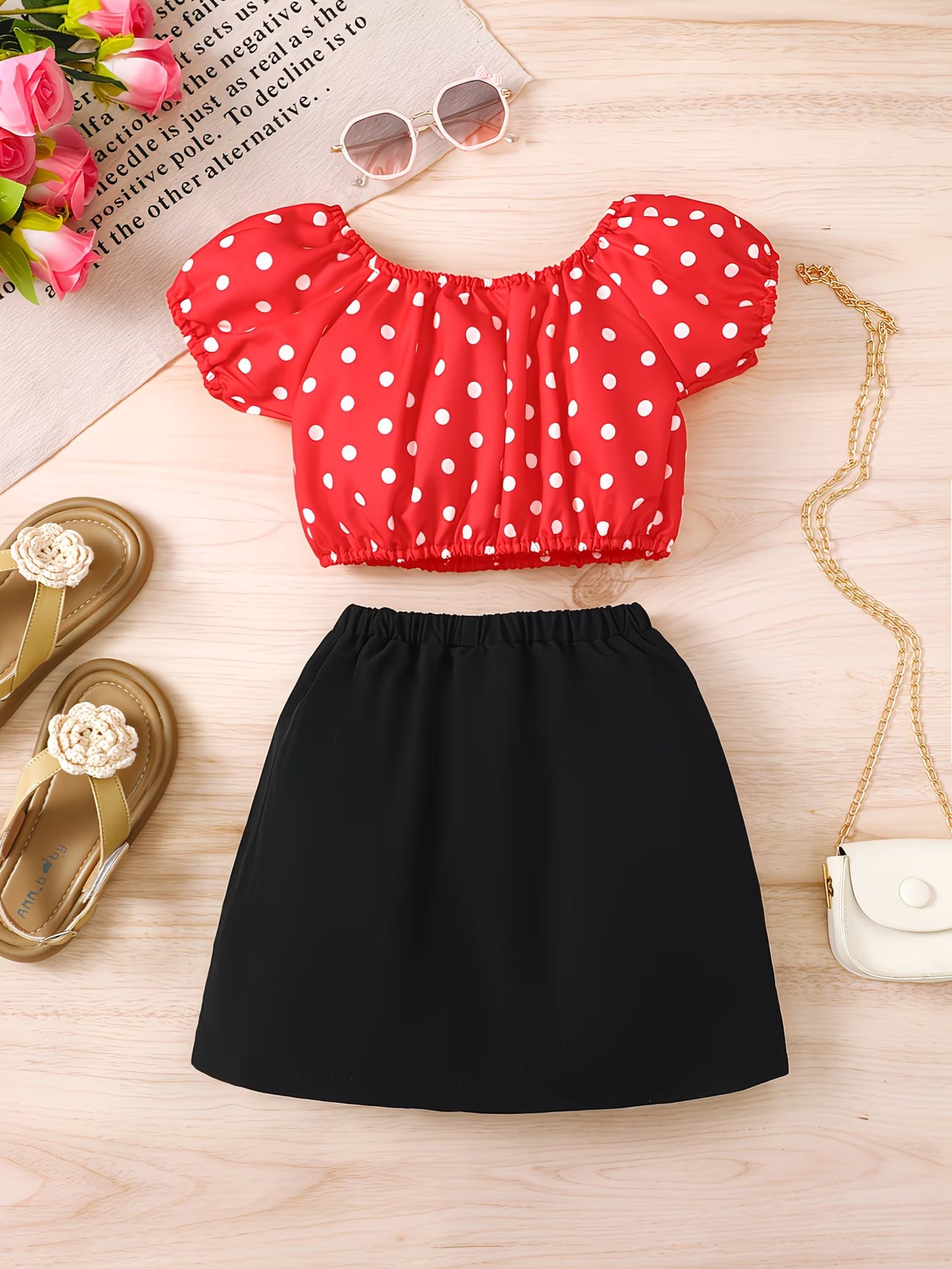 Polka Charm™ Girls' 2-Piece Summer Set | Off-the-Shoulder Bell Sleeve Top & Bow Skirt Outfit