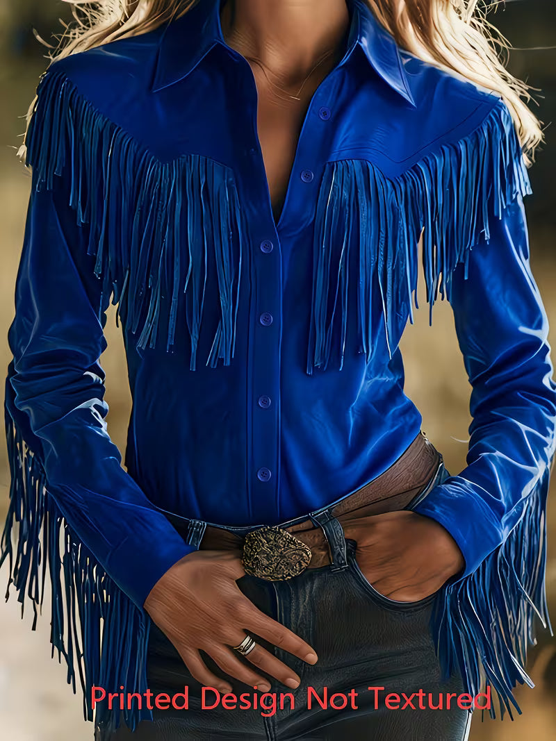 Women's Vintage Western Fringe Shirt | Button-Up Long Sleeve Cowgirl Top with Turn-Down Collar