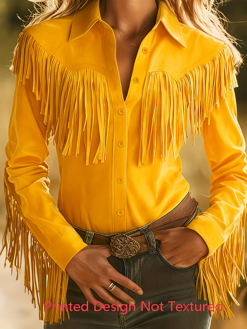 Women's Vintage Western Fringe Shirt | Button-Up Long Sleeve Cowgirl Top with Turn-Down Collar