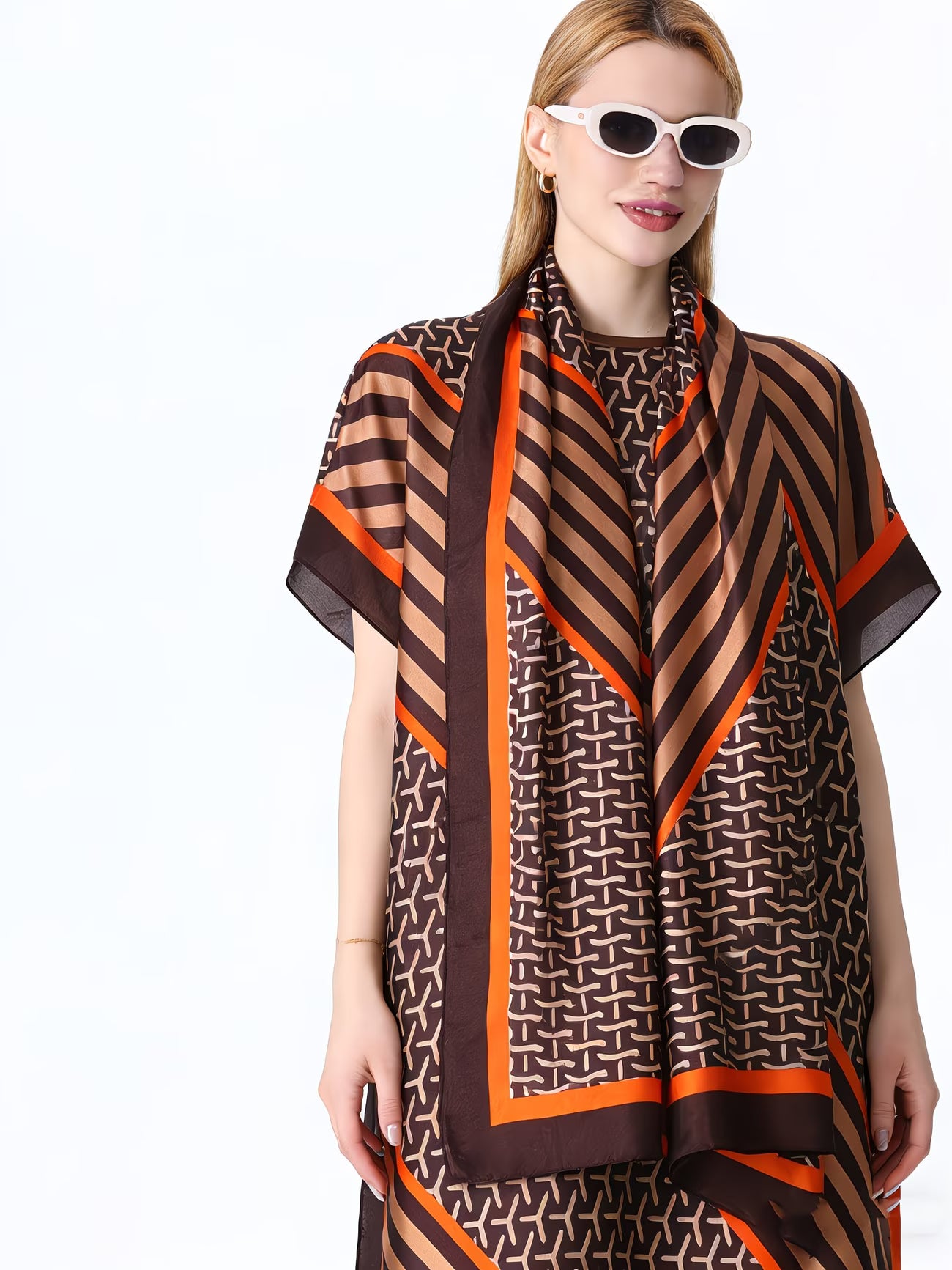 LuxeGrace™ Plus Size Kaftan Set | Elegant Printed Batwing Dress with Matching Headscarf