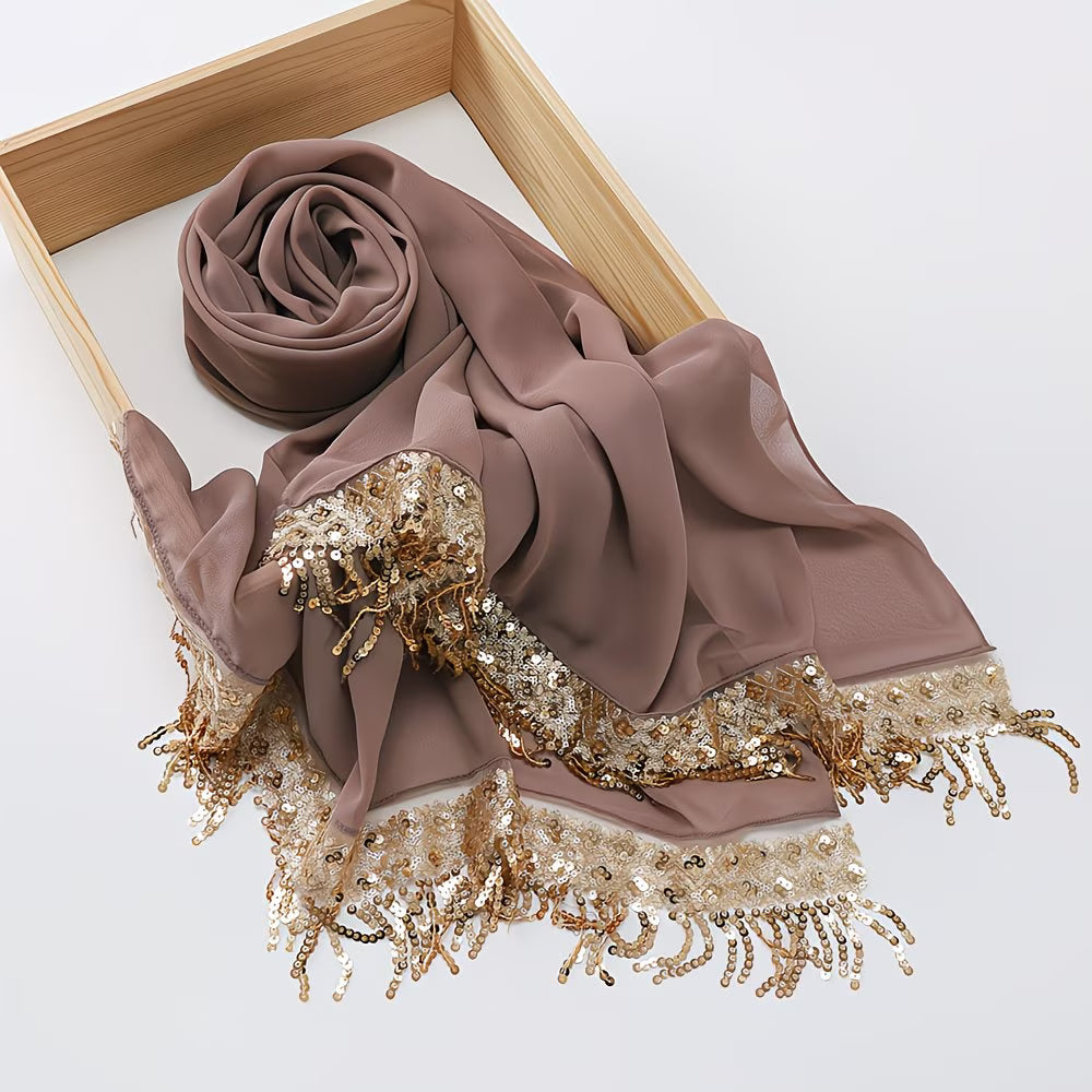 LuxeTassel™ Sequin Lace Hijab | Extended Size Tassel Headscarf for Women