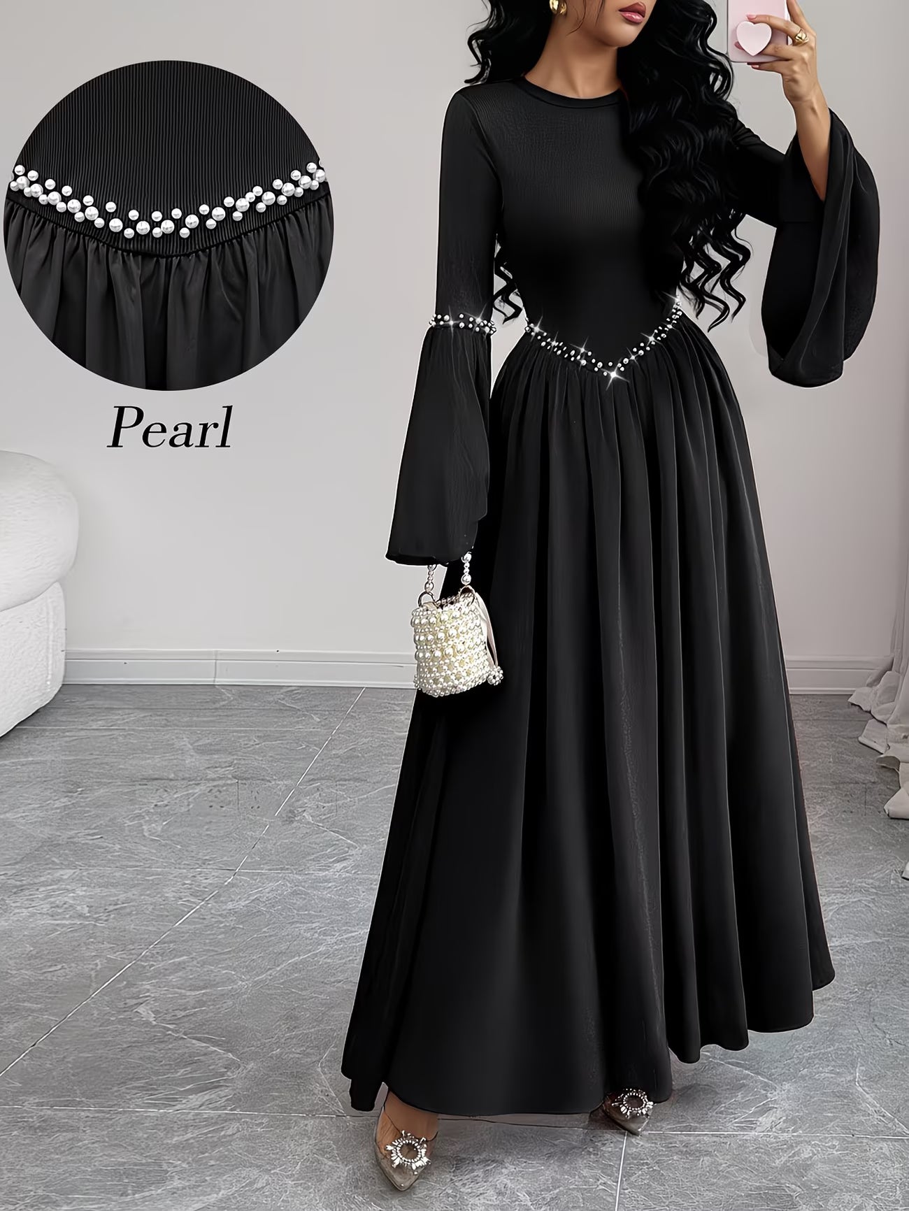 PearlElegance™ A-Line Dress | Long Sleeve Waist-Cinching Dress with Pearl Round Neck for Women