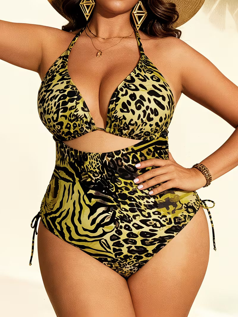 Women's Plus Size Leopard Print One-Piece Swimsuit | Halter Neck Drawstring Monokini