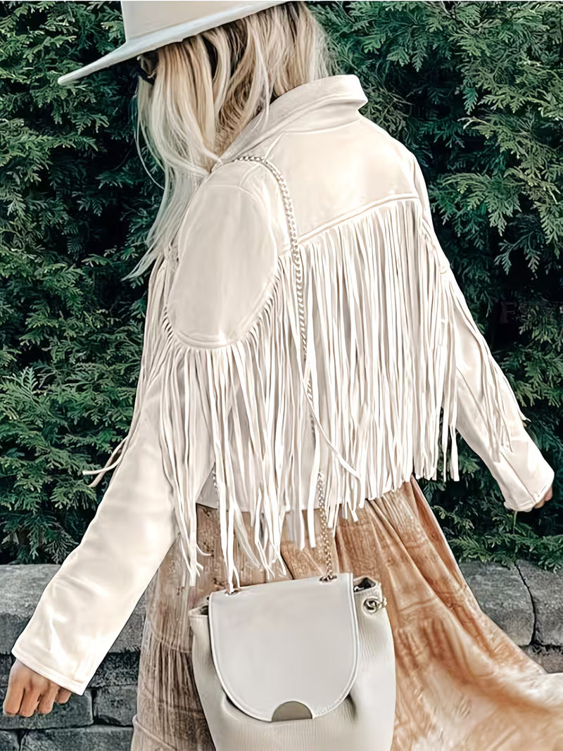 Women's Faux Suede Fringe Moto Jacket | Western Cropped Cowgirl Tassel Coat for Spring & Fall
