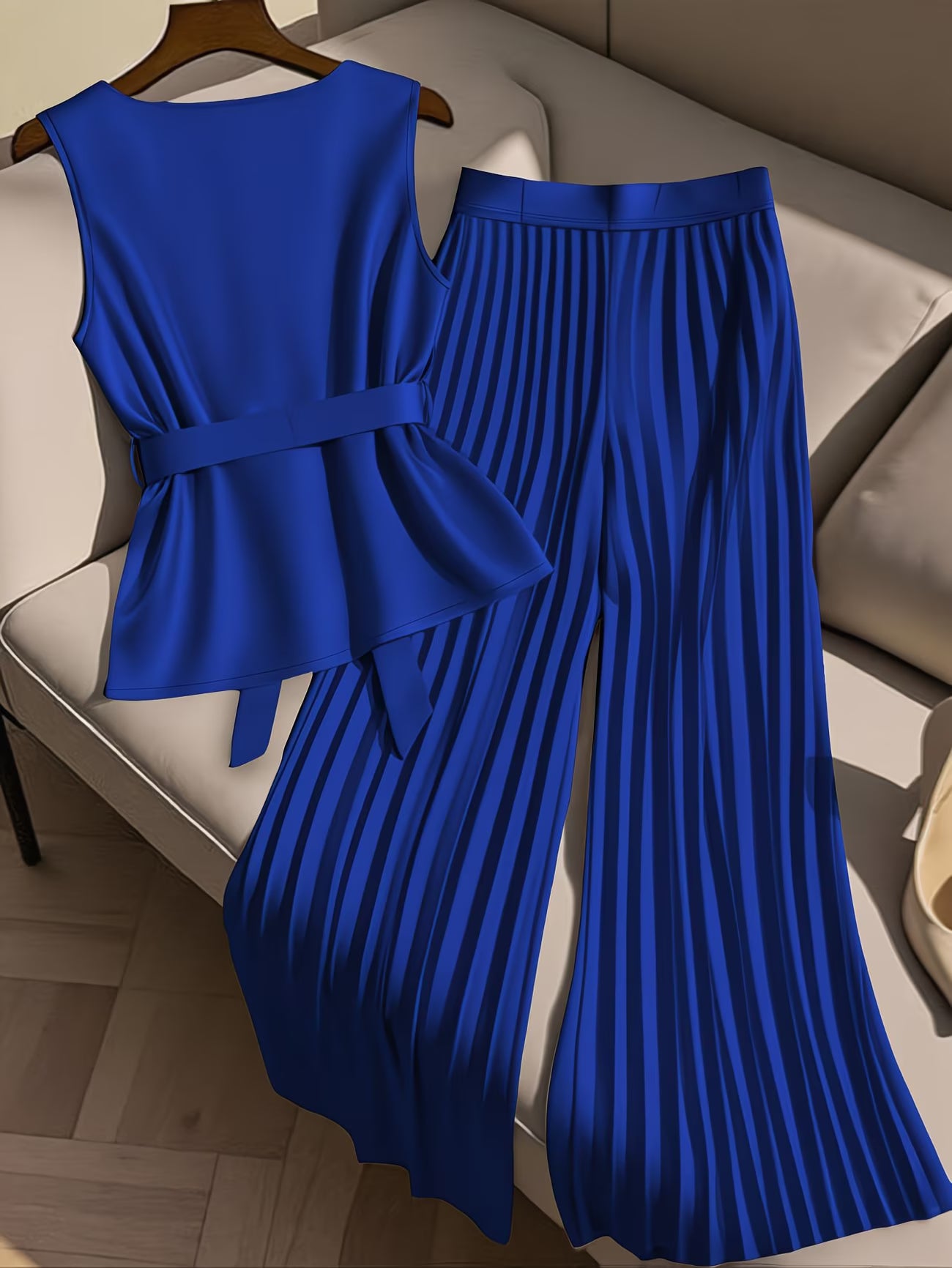 CurveElegance™ Plus Size 2-Piece Pant Set | Sleeveless Bow Top & High-Waist Chiffon Wide-Leg Pants for Women