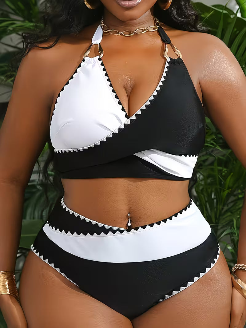 Women's Plus Size Ruffle Halter Bikini Set | Color Block Two-Piece Swimsuit