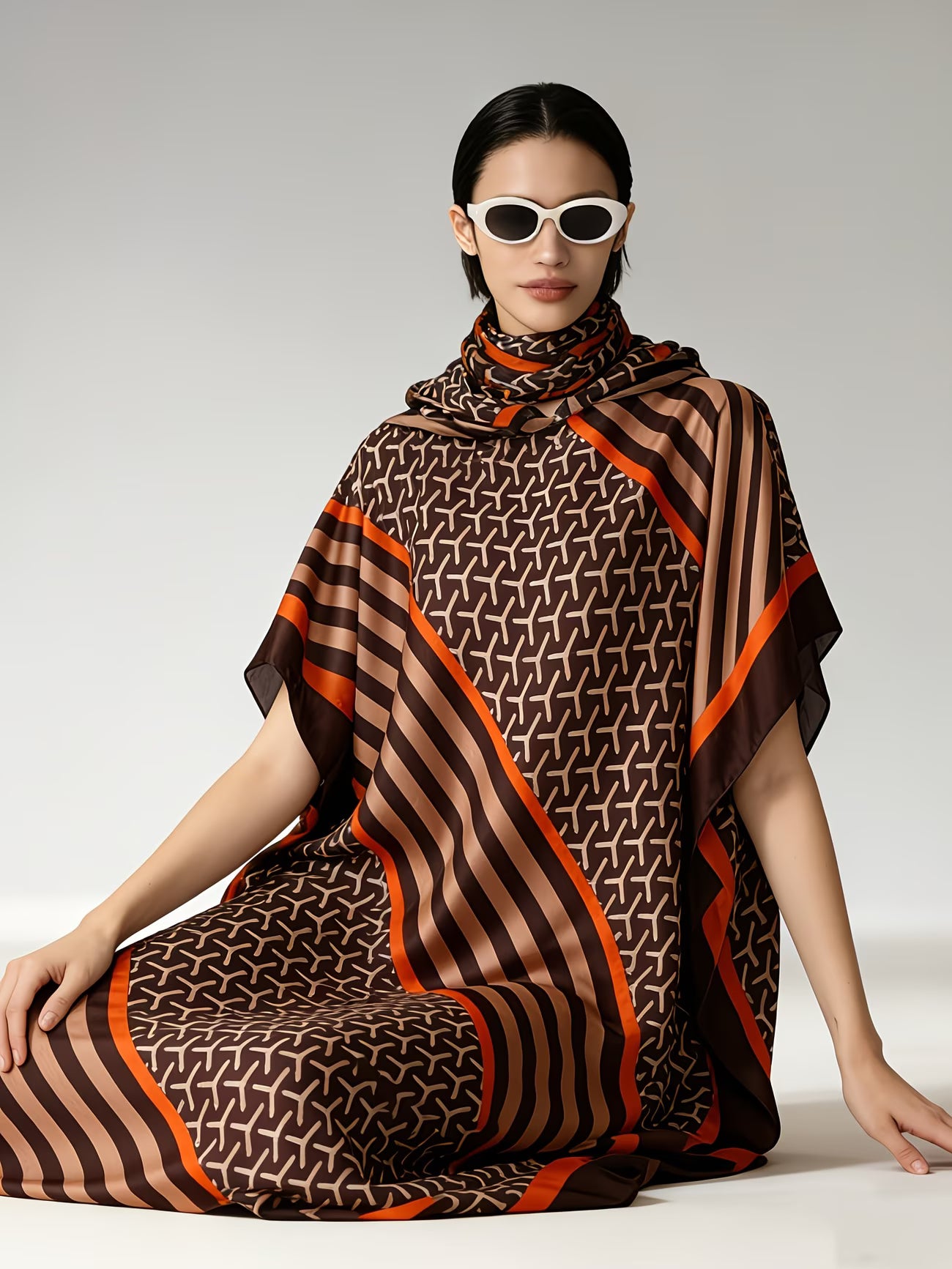 LuxeGrace™ Plus Size Kaftan Set | Elegant Printed Batwing Dress with Matching Headscarf