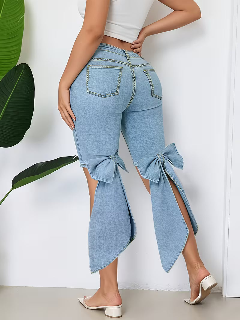 Women's Light Blue Denim Bermuda Shorts | High Waist Stretch Jean Shorts with Bow Cuff Detail