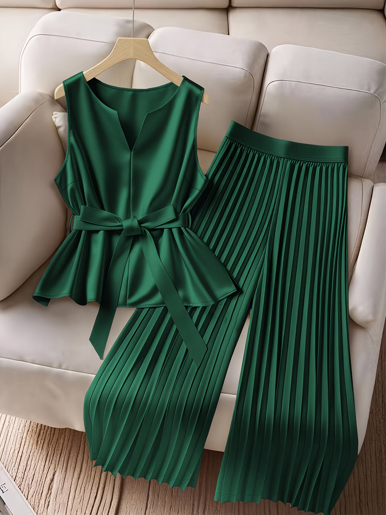 CurveElegance™ Plus Size 2-Piece Pant Set | Sleeveless Bow Top & High-Waist Chiffon Wide-Leg Pants for Women