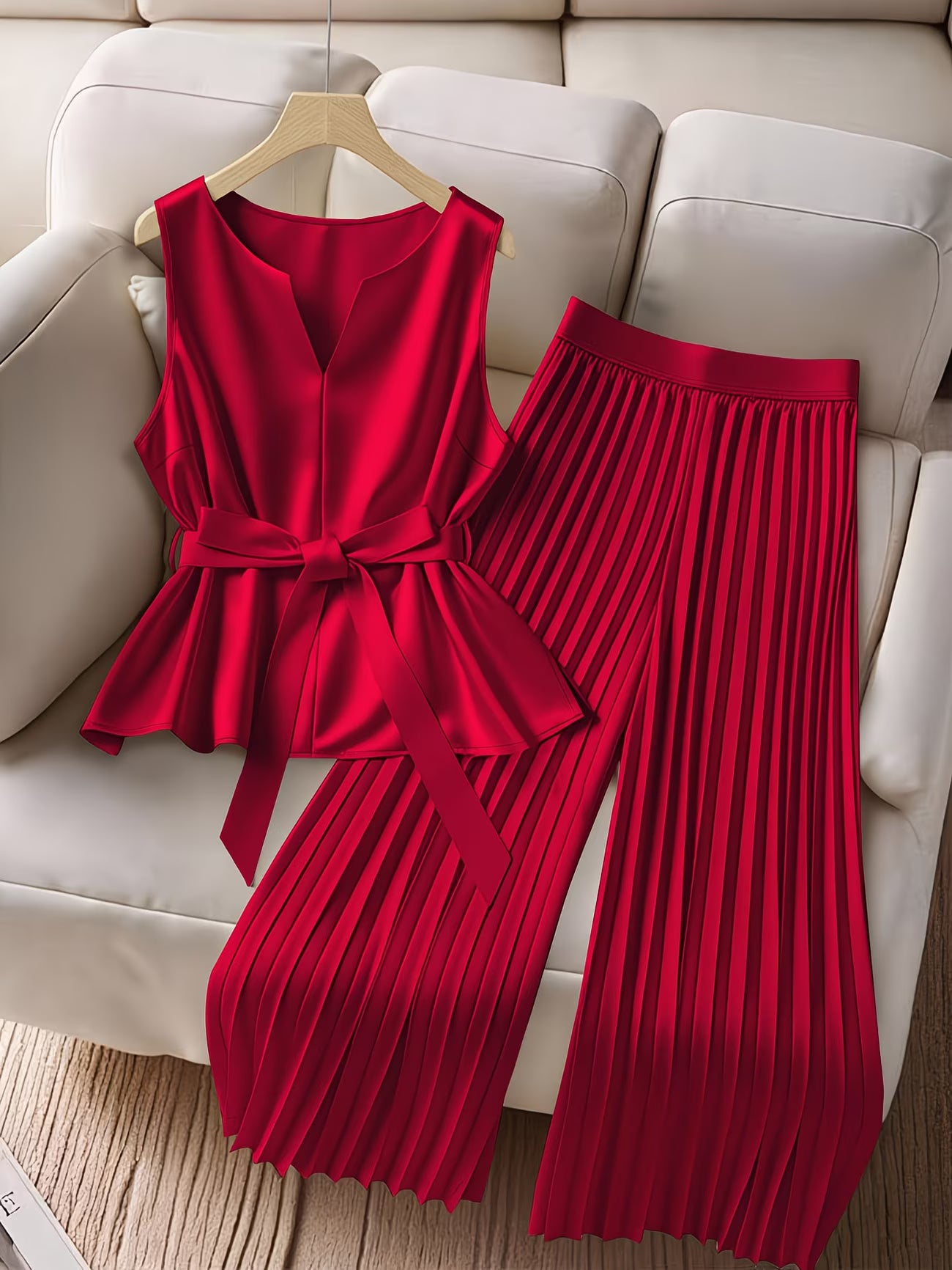 CurveElegance™ Plus Size 2-Piece Pant Set | Sleeveless Bow Top & High-Waist Chiffon Wide-Leg Pants for Women