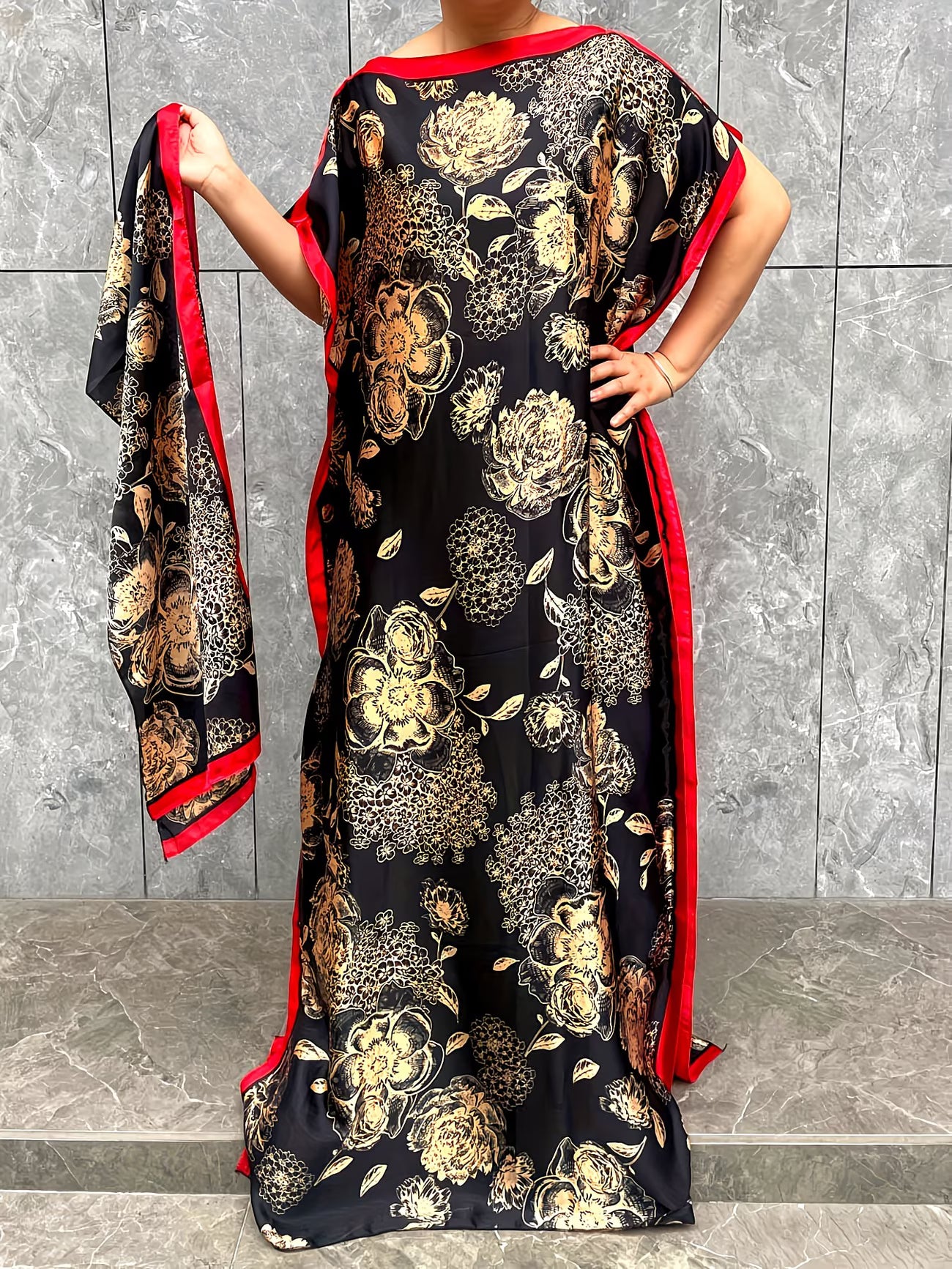 Elegant Plus Size Kaftan Abaya Set with Scarf | Artistic Print Modest Dress for Everyday Modern Style
