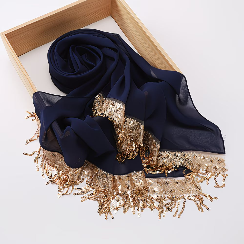 LuxeTassel™ Sequin Lace Hijab | Extended Size Tassel Headscarf for Women