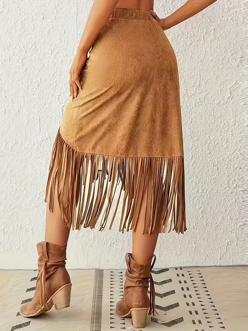 Plus Size Bohemian Fringe Dress | High Waist Asymmetrical Midi Dress with Flowing Tassel Details