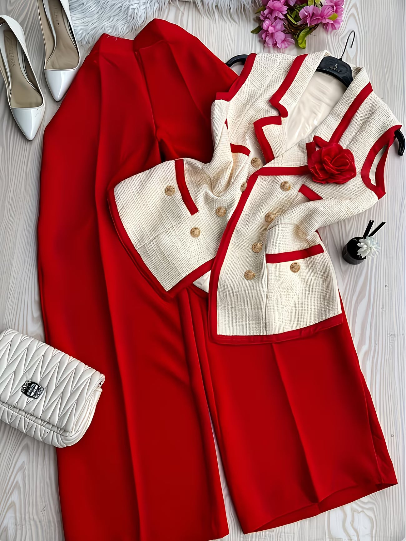 ExecutiveLuxe™ 2-Piece Skirt Suit Set | Contrast Collar Blazer & Pencil Skirt Ensemble for Women