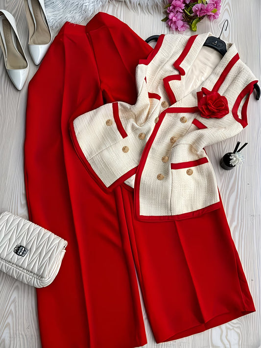 ExecutiveLuxe™ 2-Piece Skirt Suit Set | Contrast Collar Blazer & Pencil Skirt Ensemble for Women