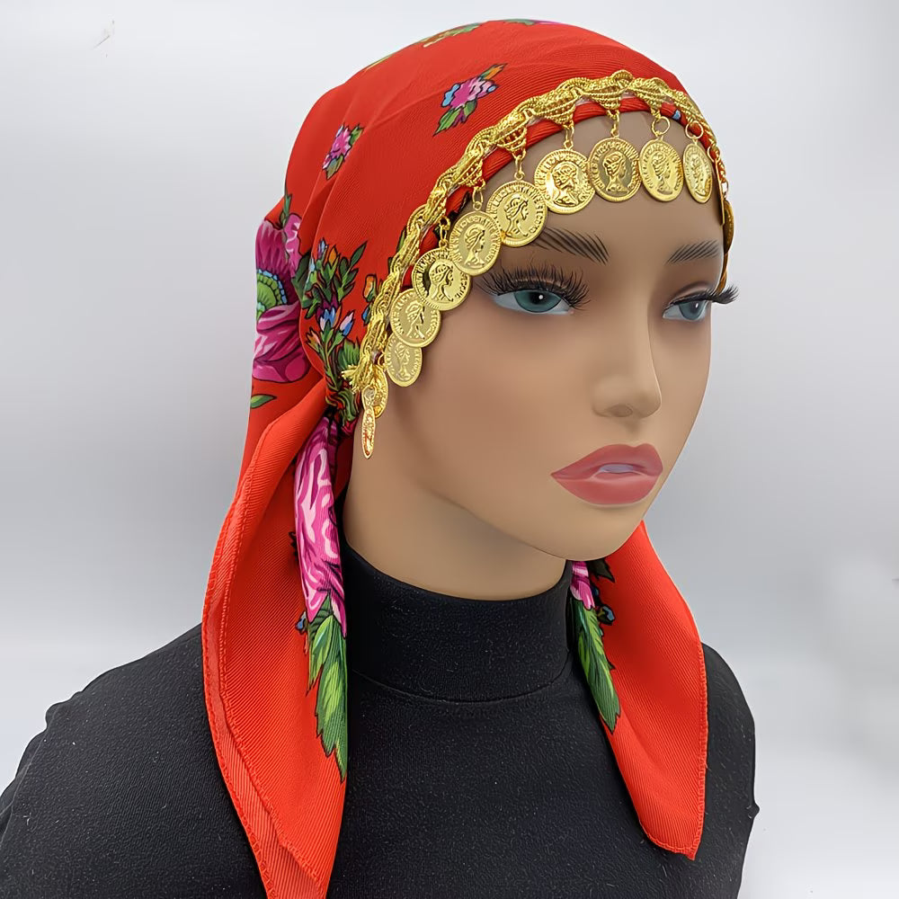 LuxeChain™ Ethnic Print Headscarf | Golden Chain Triangle Headwrap for Women