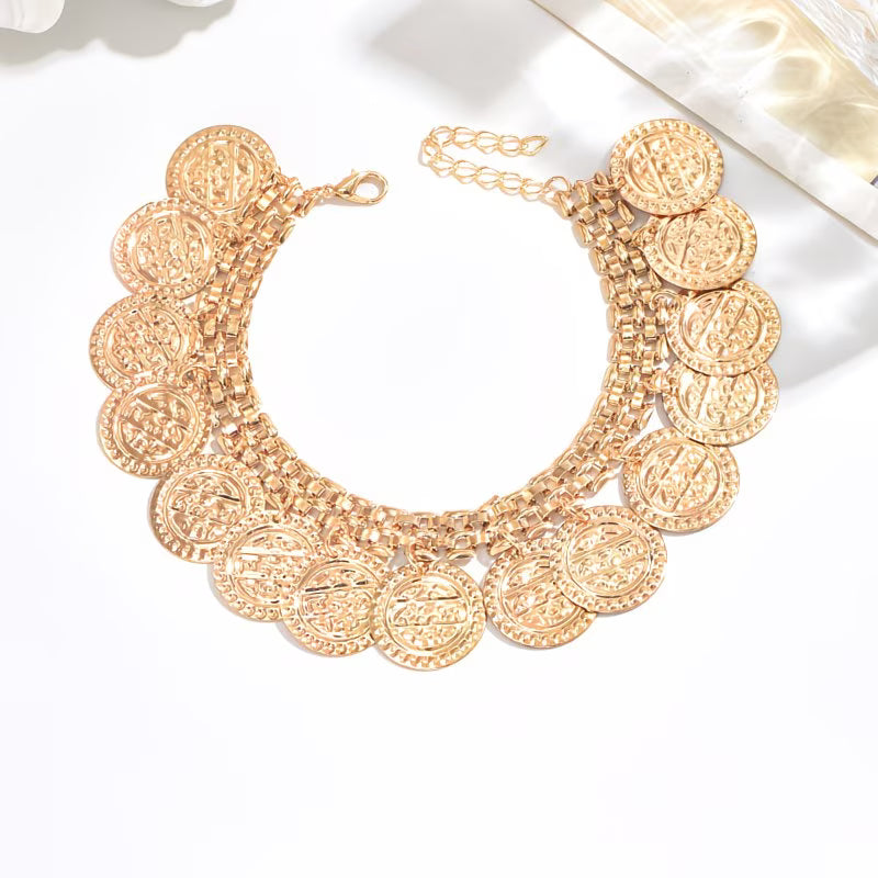 BohoGlow™ 2-Pair Gold Disc Tassel Anklet Set | Adjustable Bohemian Anklets for Women