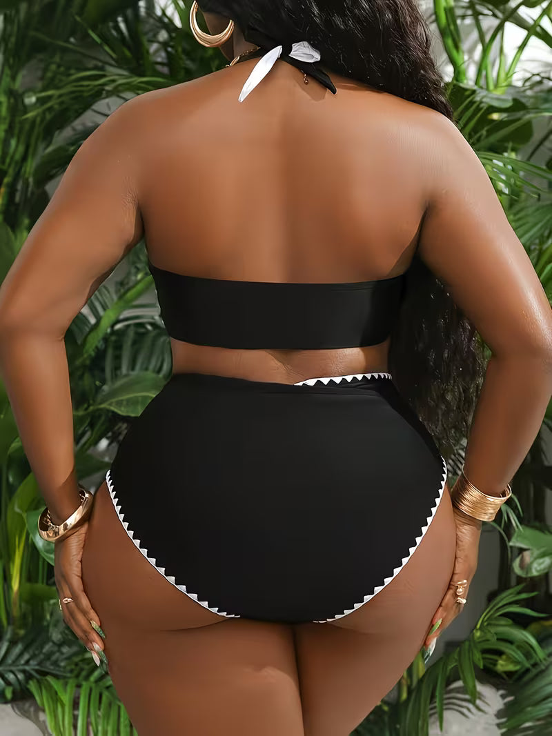Women's Plus Size Ruffle Halter Bikini Set | Color Block Two-Piece Swimsuit