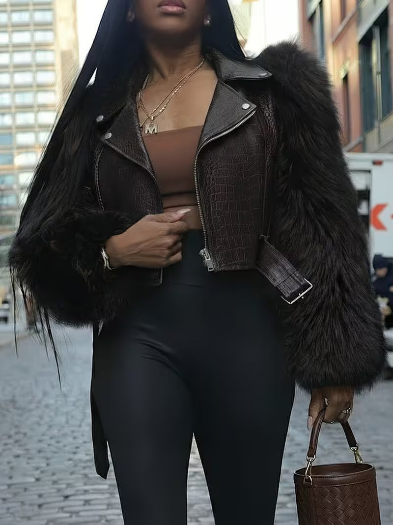Women's Faux Leather Faux Fur Jacket | Fluffy Warm Short Coat for Fall & Winter Fashion