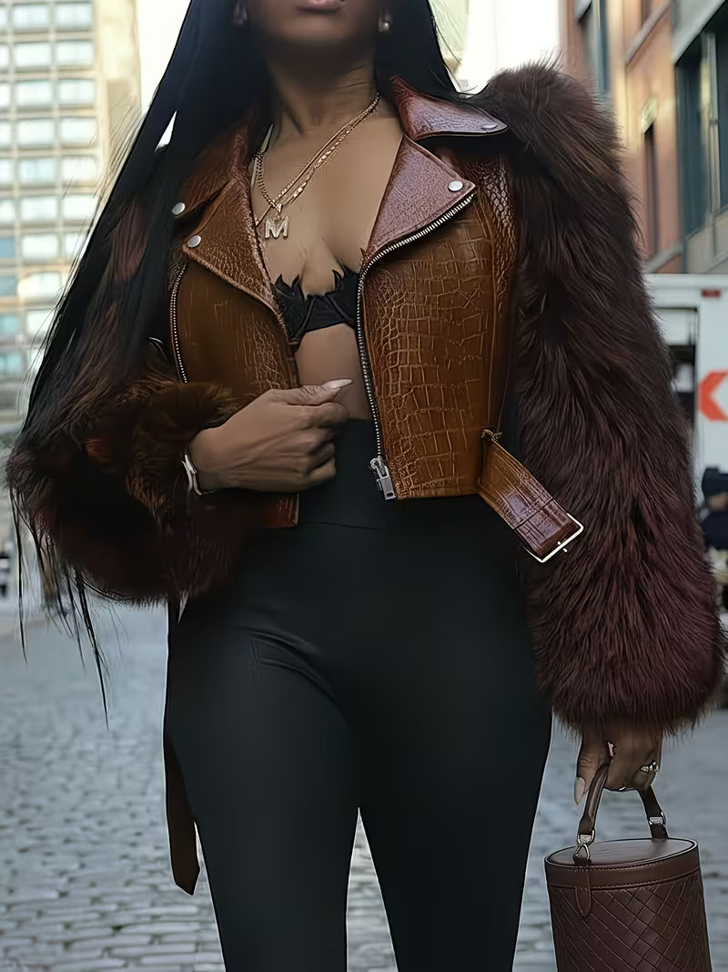 Women's Faux Leather Faux Fur Jacket | Fluffy Warm Short Coat for Fall & Winter Fashion