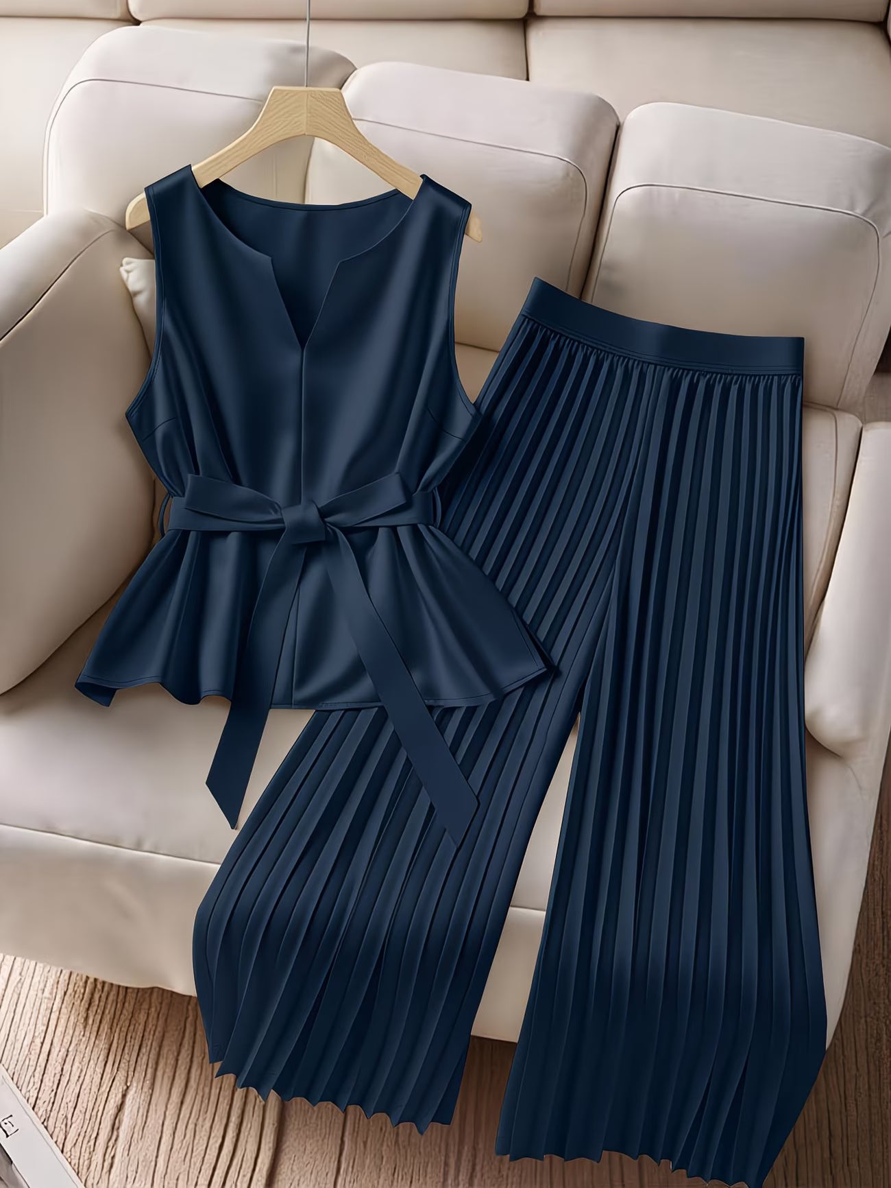 CurveElegance™ Plus Size 2-Piece Pant Set | Sleeveless Bow Top & High-Waist Chiffon Wide-Leg Pants for Women